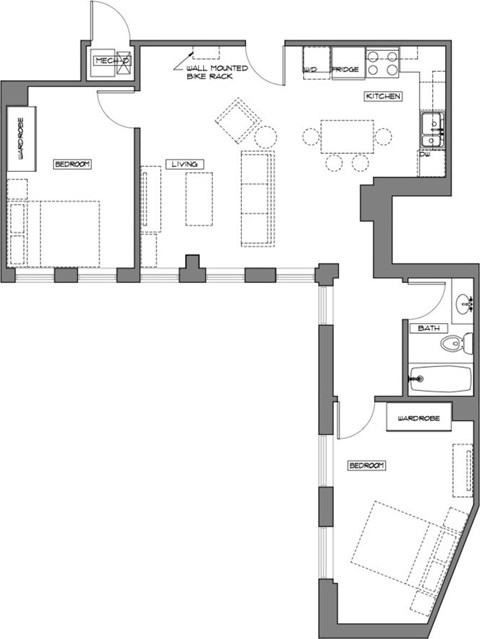 Floor plan for 2 beds, 1 bath, 756 sqft